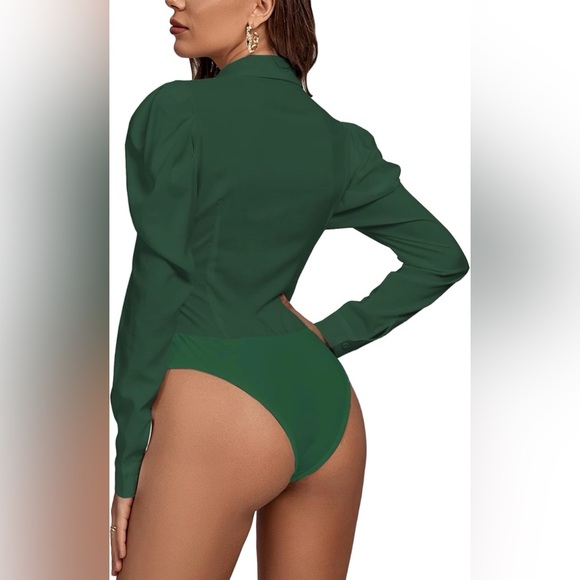 Collar Button Down Puff Long Sleeve Bodysuit Green Size M - Picture 9 of 12